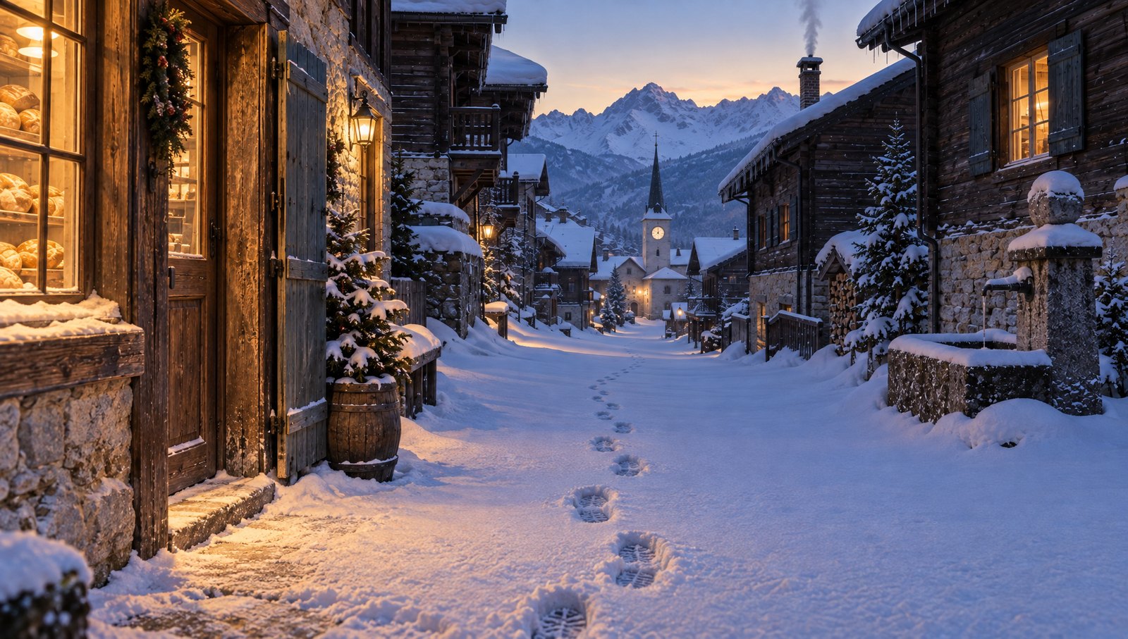 First footprints down a snowbound alpine street at dawn