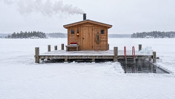 Frozen lake sauna dock wide
