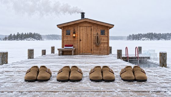 Clogs lined at the sauna door