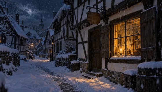 Snowbound village lane at night