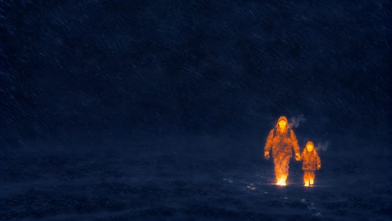 Thermal wide of two figures in a blizzard
